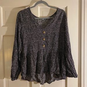 black and white blouse with wooden buttons